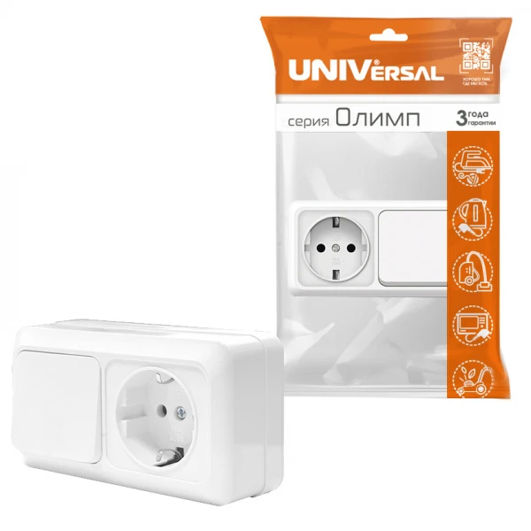 Блок розетка с/з + выкл. 1кл ОП 250В IP20 гор. белый3